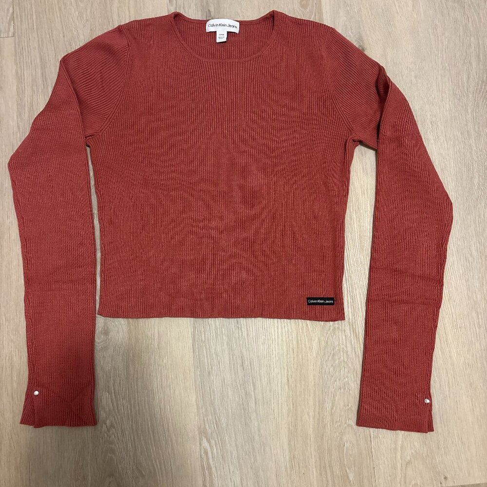 Calvin Klein Womens Sweater Cropped Ribbed Long Sleeve Top XS Y2K Red